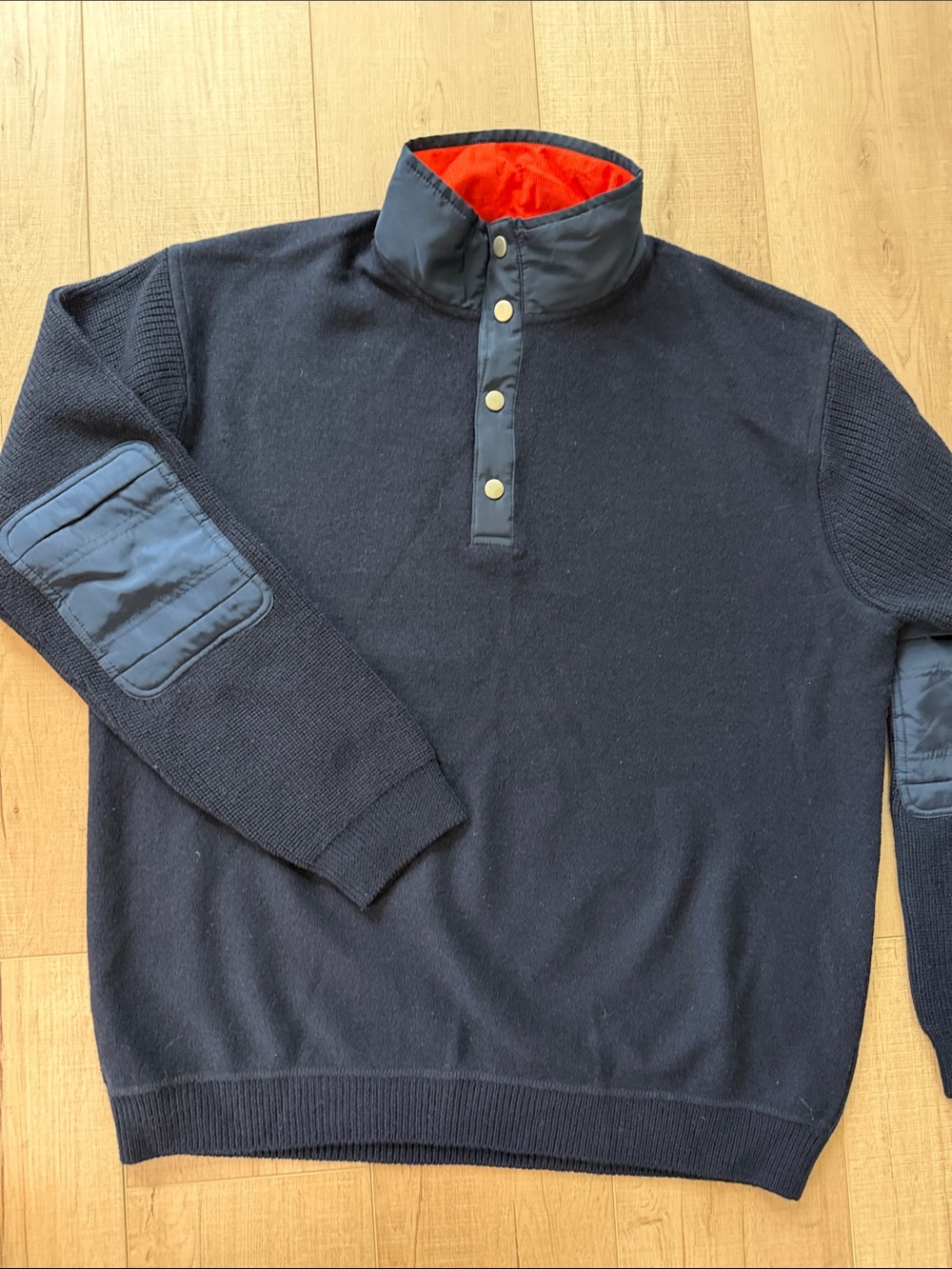 Orvis Navy 100% Wool Quarter Snap Sweater with patch elbows -Large